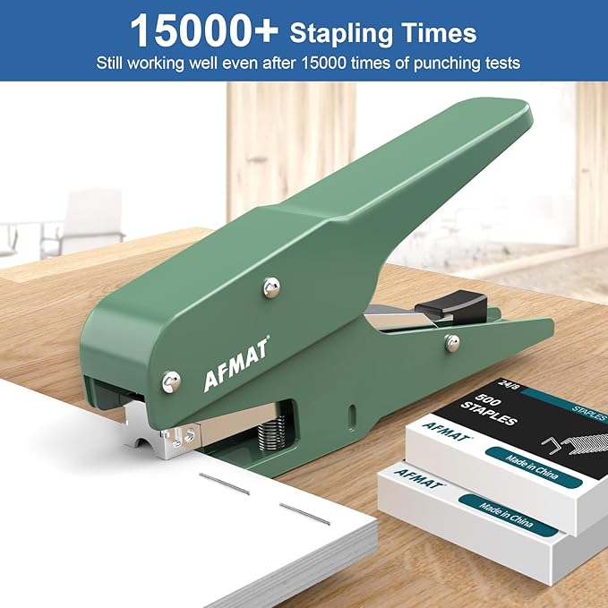 AFMAT Effortless Plier Stapler, Metal 35 Sheet Stapling Plier, 15000+ Stapling Times, with Staples & Reload Button, Handheld Stapler Heavy Duty, Space Save Size, Good for Office, Home, School, Green