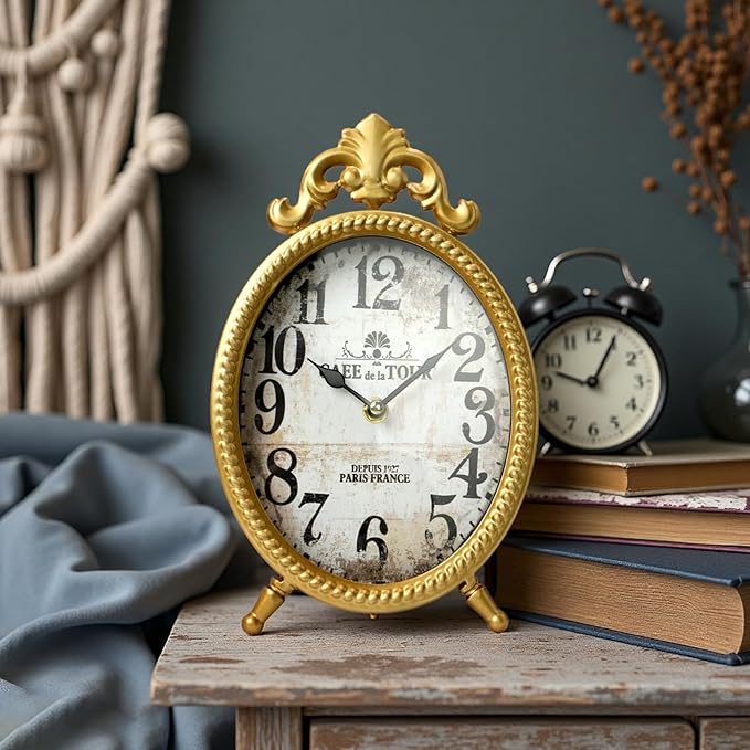 Vintage Gold Table Clock, Retro Oval Desk Clock with Romanesque Frame, Silent Non-Ticking Decorative Clock for Living Room Bedroom Office, Elegant Gift for Home Décor Lovers