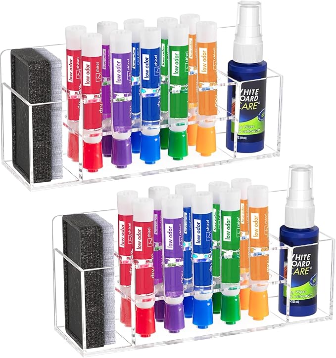 HBlife 2 Pack Acrylic Dry Erase Marker Holder Wall Mount, 10 Slots Whiteboard Marker Holder for Office, School and Home, Marker, Eraser and Whiteboard Cleaner Not Included, Clear