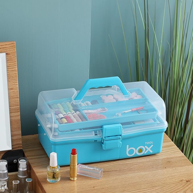 2PCS 12'' Three-Layer Clear Art Box Organizer, Multipurpose Plastic Craft Box with Handle (Blue)