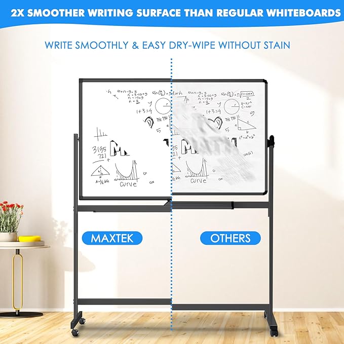 Rolling Dry Erase Board 48 x 32, maxtek Double-Sided Mobile White Board, Large Portable Magnetic Whiteboard with Stand - Easel Style Whiteboard with Wheels for Home Office Classroom School, Black