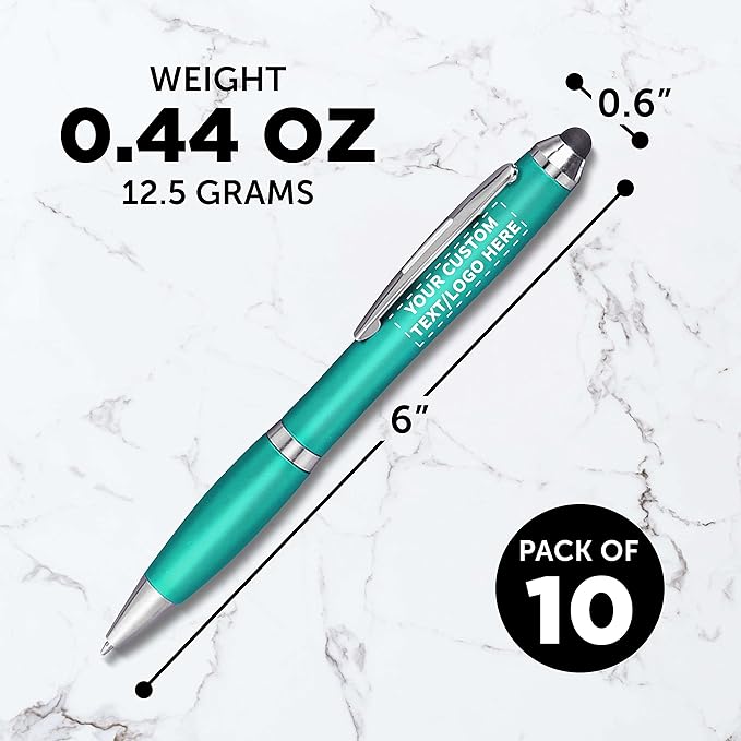 DISCOUNT PROMOS Custom Plastic Stylus Pens Set of 10, Personalized Bulk Pack - Black Ink, Great for Office, School, Business, Tradeshows, Events - Teal