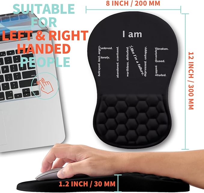 Ergonomic Mouse Pad Wrist Support with Memory Foam Massage Bulge, Carpal Tunnel Pain Relief Mousepad Wrist Rest for Mouse(12x8 inch, I Am Fine)