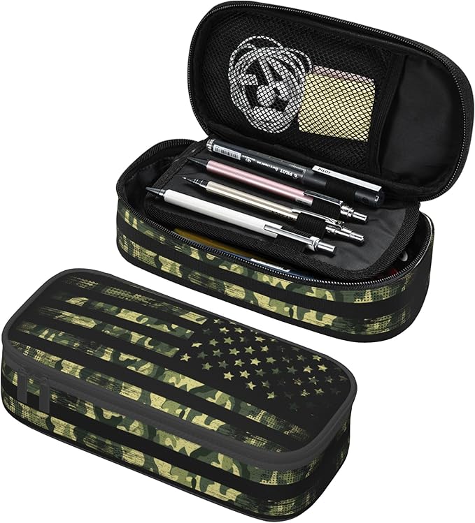 Camo Pencil Box for Kids Adults, Usa Flag Style Pencil Case for Boys Girls, Green Pencil Pouch Big Capacity Portable Pencil Holder Stationery Storage Desk Pen Bag for School Office