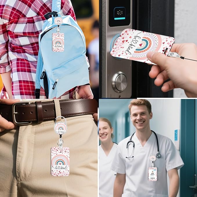 2 Pack Rainbow ID Badge Holder with Heavy Duty Retractable Reel Keychain for WomenStudents,Teachers, Nurses, Office Use