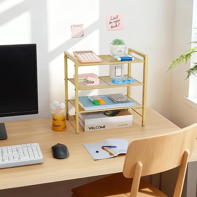Desktop Shelf Organizer, 3-Tier Office Storage Rack, Adjustable Metal Bookshelf for Top of Desk, Desk Organizer for Office, Home, Dorm and Small Spaces (Gold)