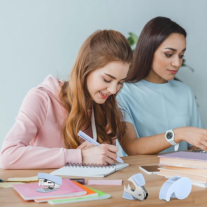 Colarr Mini Office Supply Kit Includes Stapler Tape Dispenser Staple Remover Paper Clips Scissor Staples Pen Sharpener Note Small Telescopic Knife for Office and School Clerk Student (Blue)