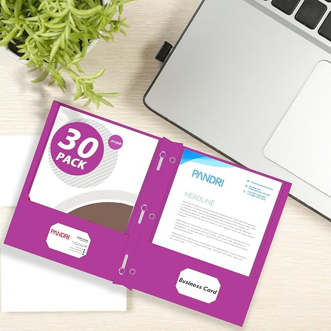 Two Pocket Folders, PANDRI 30 Pack Two Pocket Folders with Prongs, 3 Prong Folders Designed for Office and Classroom, Letter Size Purple