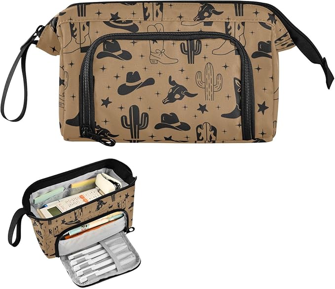 Western Cowboy Brown Pencil Case Pouch Big Capacity Pencil Bag Box Organizer Pen Case with Handle Stationery Organizer for Girls Boys Women School College Office