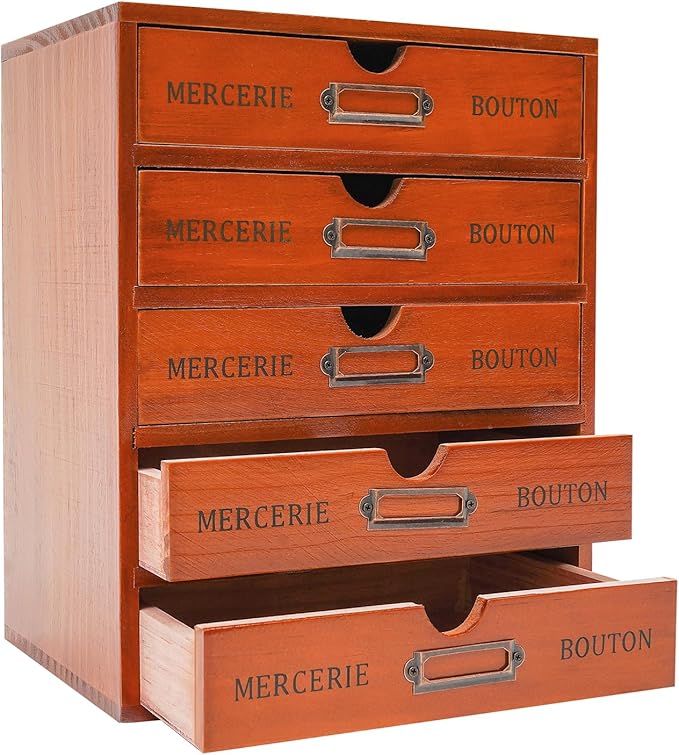 Stackable Wooden Desk Organizer with 5 Drawers Retro Brown Modular Storage Boxes for Home Office, Makeup, Stationery - No Assembly Required