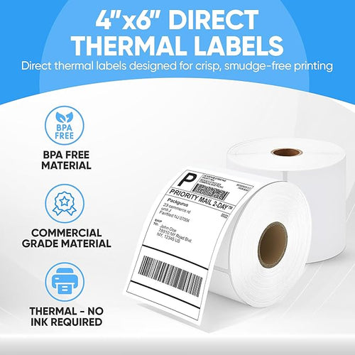4"x6" Direct Thermal Label Roll, Shipping Labels with Perforated, Commercial Grade for Thermal Printer, 500 Labels/Roll, 4 Rolls (2,000 Labels Total)