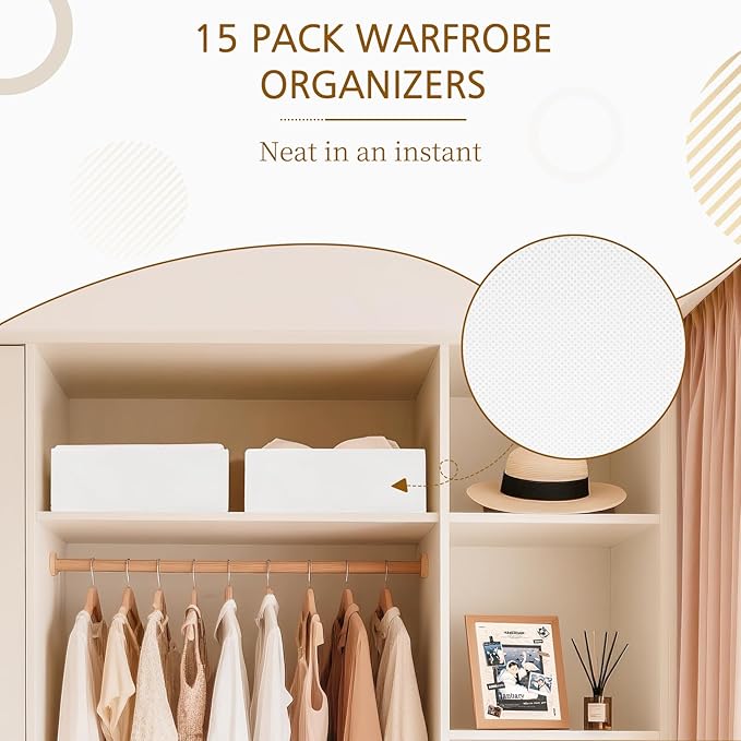 Criusia 15 Pack Drawer Organizer for Clothes, Foldable Dresser Dividers with 3 Sizes, Fabric Storage Bins – White