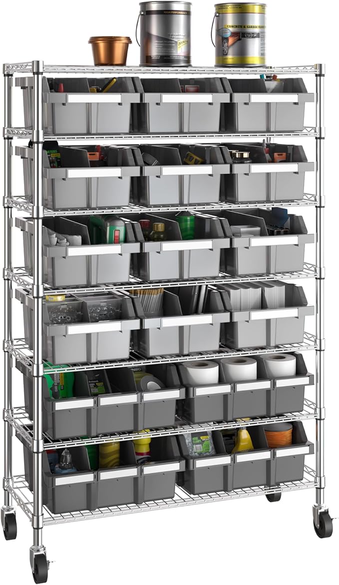 Seville Classics Heavy Duty NSF Bin Rack Solid Steel Wire Shelving Storage Unit, Patented Organizer for Garage, Warehouse, Office, Restaurant, Classroom, Kitchen, Gray, Includes 16 Bins