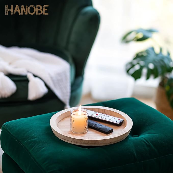 Hanobe Round Wood Decorative Tray: Unfinished Wooden Craft Trays DIY Ottoman Serving Tray Centerpiece Candle Holder Trays for Kitchen Countertop Crafts Art Home Decor Montessori Activity
