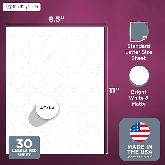 NextDayLabels – 1.5 Inch Round Labels - Round Sticker Labels for Printer - Matte White Blank Laser/Inkjet Printer Labels - Circle Stickers Printable Labels (1000 Sheets, 30 Per Sheet, 30000 Labels)