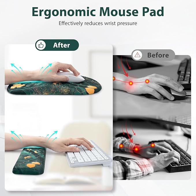 EYROZILL 3 in 1 Ergonomic Mousepad and Keyboard Wrist Rest, Mouse Pad with Wrist Support Massage Design, Keyboard Wrist Rest and Mouse Pad Set for Home Office (Green Bee)