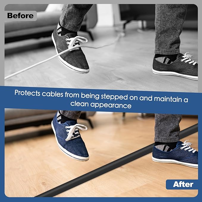 Floor Cord Cover for Wires on Floor Self Adhesive Cord Hider Floor Cable Management Wire Covers for Cords Protector Prevent Cable Trips Cord Cavity W 0.51" x H 0.31", Black, 20Ft