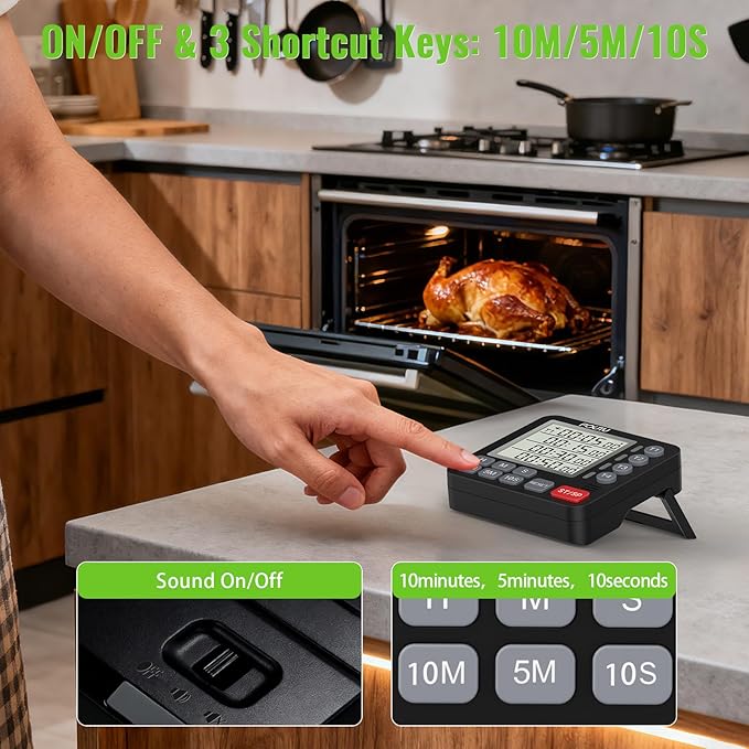 FCXJTU Digital Dual Kitchen Timer, 4-Channel Magnetic Countdown Timer for Cooking, On/Off, Large Display Multi Food Loud Alarm Silent for Classroom Seniors Battery Included (Black)