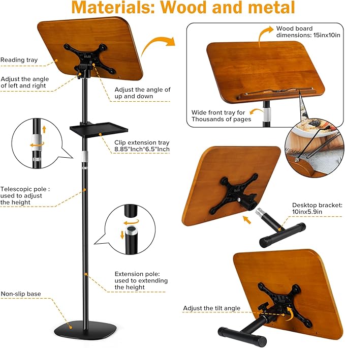 2-in-1 Adjustable Book Stand & Music Stand, 22-51in Dual-Use Floor and Desktop Book Holder Stand, Heavy Duty Solid Wood, with Elastic Page Clip for Cookbooks, Sheet Music, Tablet, Laptop, Projector