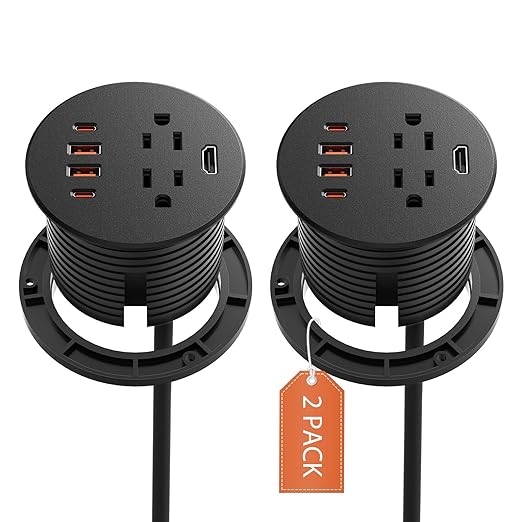 QBA 2 Pack Recessed Power Grommet with HDMI Port, 35W USB C Fast Charging, 3-inch Desk Power Outlet, 2 Outlets, 4 USB Ports, Flush-Mount Desk Outlet for Furniture Cabinet Home Office, ETL Listed