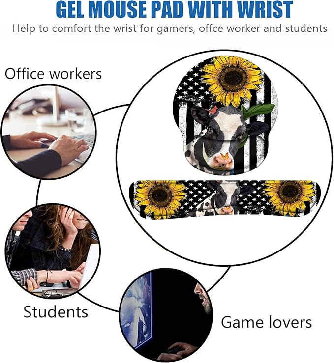 Keyboard Wrist Rest and Mouse Pad Wrist Support Set with Coasters, Ergonomic Gaming Mousepad for Home Office Working Studying Easy Typing & Pain Relief, American Flag Sunflower and Cow