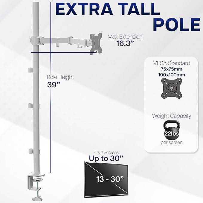 VIVO Extra Tall Single Monitor Desk Mount Stand with 39 inch Pole, Features Full Adjustability - Tilt and Articulation, Holds 13 to 32 inch Screens up to 10kg with VESA Mounting, White, STAND-V011W