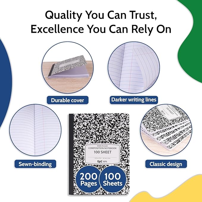 EPI 2016 Pack (Pallet) Wide Ruled Composition Notebook Bulk, 200 pages (100 Sheets), 9-3/4 x 7-1/2, Black Marble, Bulk School Supplies, Heavy Duty, Durable Office Notebooks, Sturdy Sewn Binding