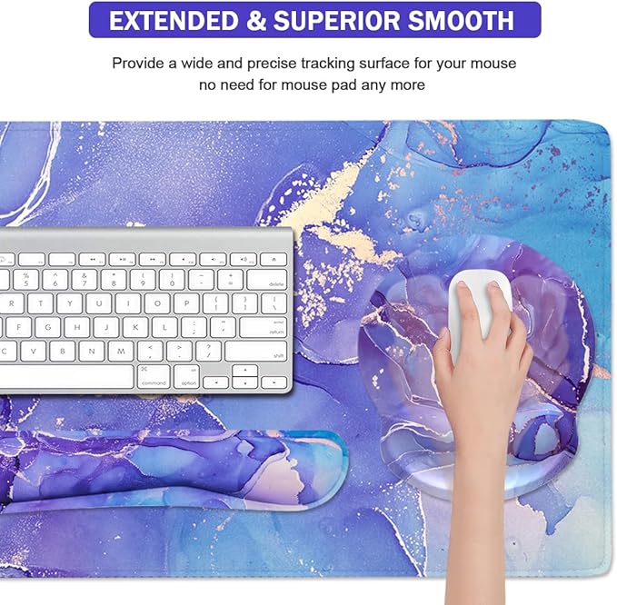 4-in-1 Gaming Mouse Pad Wrist Support Set，Desk Pad + Mouse Pad with Wrist Rest + Keyboard Wrist Rest + Coaster, Ergonomic Design for Home Office Study Game - Purple Marble