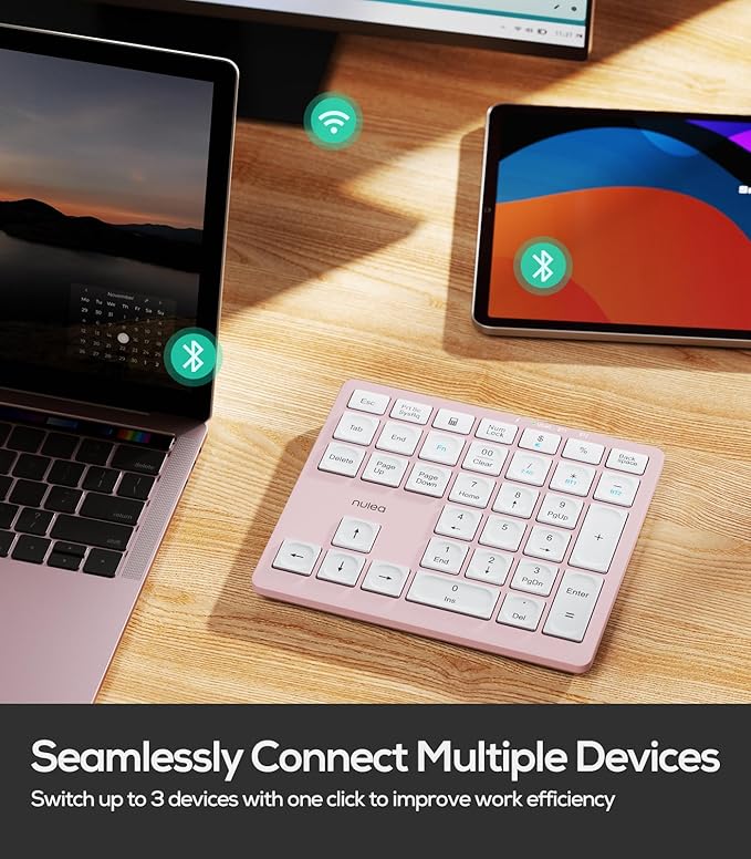 Nulea Wireless Number Pad Bluetooth 5.0 & 2.4G Portable Numeric Keyboard, USB-C Rechargeable, 34-Keys Bluetooth Keyboard for Data Entry (Pink)