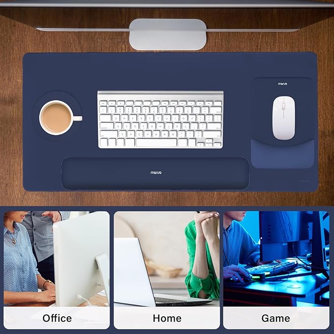 MOSISO Keyboard Mouse Pad Set, Large Gaming Mouse Pad&Rectangular Keyboard Wrist Rest&Mousepad with Wrist Rest&Coaster, Ergonomic Non-Slip&Easy Typing Pad with Curved Silicone Lining, Navy Blue