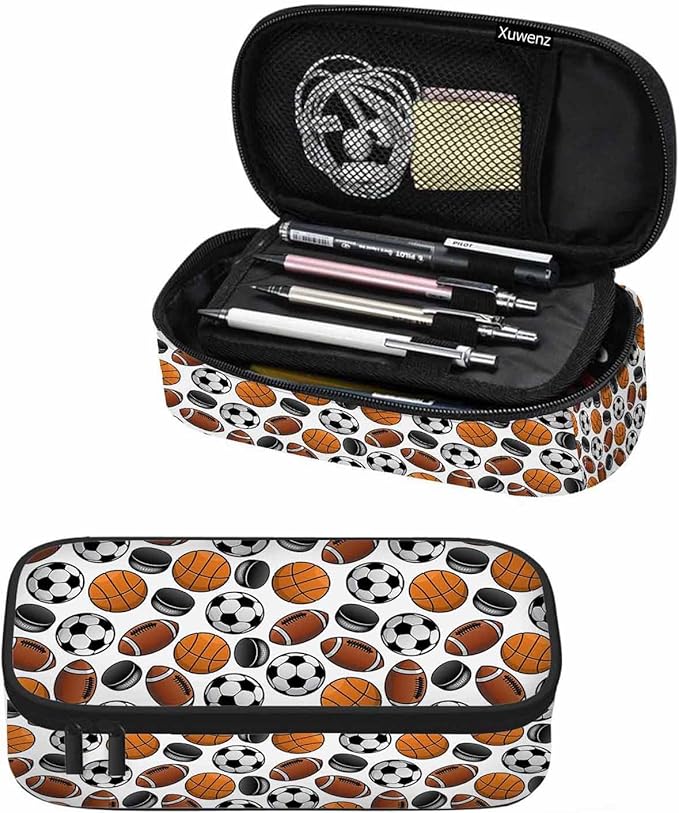American Football Pencil Holder Bag Basketball Balls Ice Hockey Pucks Pencil Case College Office School for Teens Boy Girl