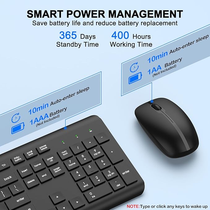 Wireless Keyboard and Mouse Combo, Full-Size Silent Ergonomic Keyboard and Optical Mouse, Long Battery Life, 2.4GHz Lag-Free Cordless Mice Keyboard for Computer, Mac, Laptop, PC, Windows
