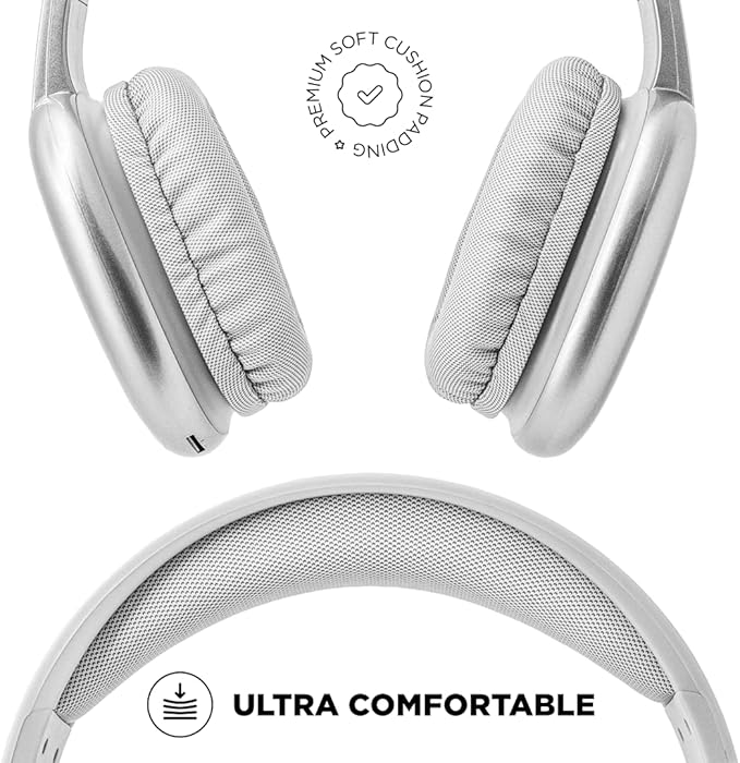 iJoy Ultra Wireless Over-Ear Bluetooth Headphones with Mic, Up to 10 Hours Playtime, Bluetooth Headset 33Ft Range with Backup AUX Cable & SD Slot, Wireless Headphones for Gaming, Work & Gym (Silver)