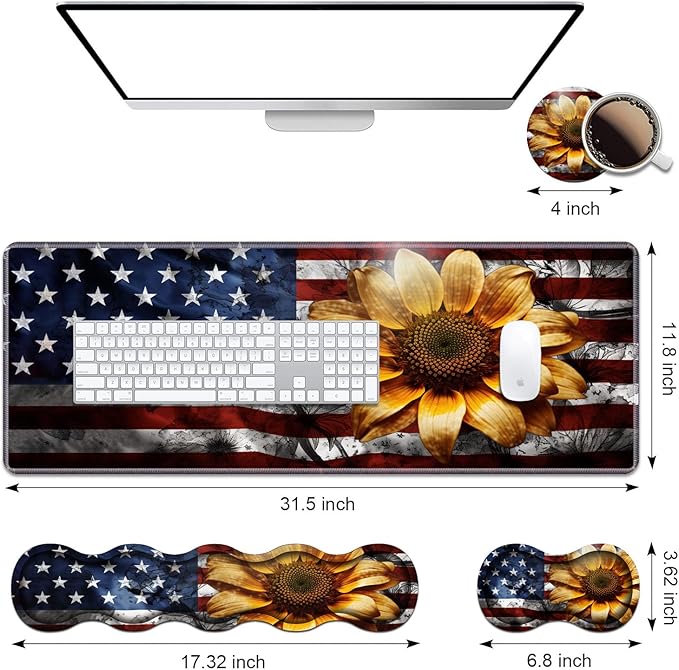 Ergonomic Keyboard Wrist Rest & Mouse Pad Wrist Rest Set, Large XXL Gaming Desk Mat 31.5"x 11.8" with Memory Foam, Easy Typing Pain Relief for Office & Home, American Flag Sunflower