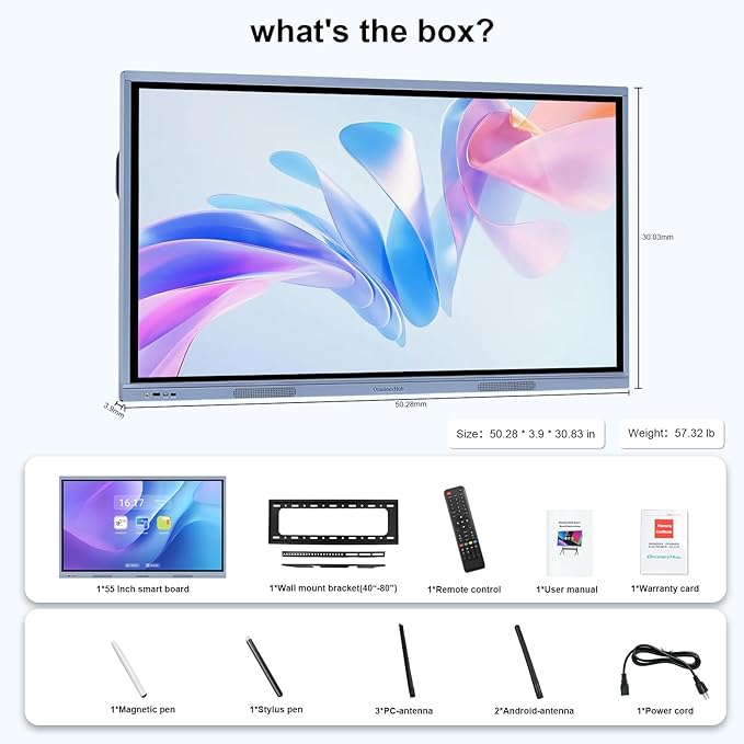 55'' Smart Board, 8+256 GB Interactive Whiteboard, 4K Electronic Digital Whiteboard with Dual System, Android iOS 12.0, Touchscreen Smart Board for Classroom, Office and Home (Wall Mount Included)