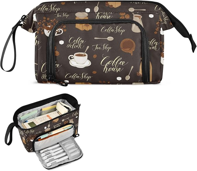 Tea Coffee Pencil Case Pouch Big Capacity Pencil Bag Box Organizer Pen Case Pencil Pouch Aesthetic with Handle for Girls Boys Adults Women School Office