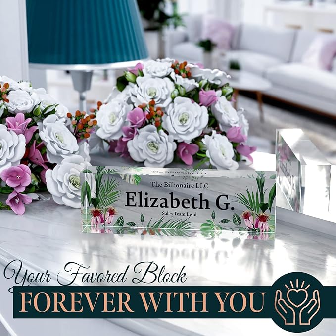 Desk Name Plate Personalized, Custom Name Plates 2½/x8 Inches, Thick Crystal-Clear Acrylic, Gift Box, Office Desk Decor. USA Made by ACRYLUXE (Garden)
