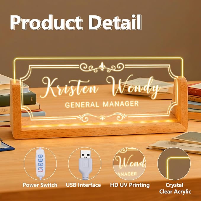 Ships Next Day, Custom Name Plate for Desk - Business Light Up Acrylic Desk Name Plate Personalized Elegant Office Gift for Boss Coworker Teacher Employee Appreciation Gift, Office Decor for Women Men