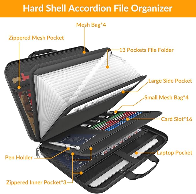 Hard Case Fireproof Document Box, Important File Organizer with Lock Waterproof Zipper, Portable Home Office Travel Storage Accordion Folder for Letter A4 Laptop Files