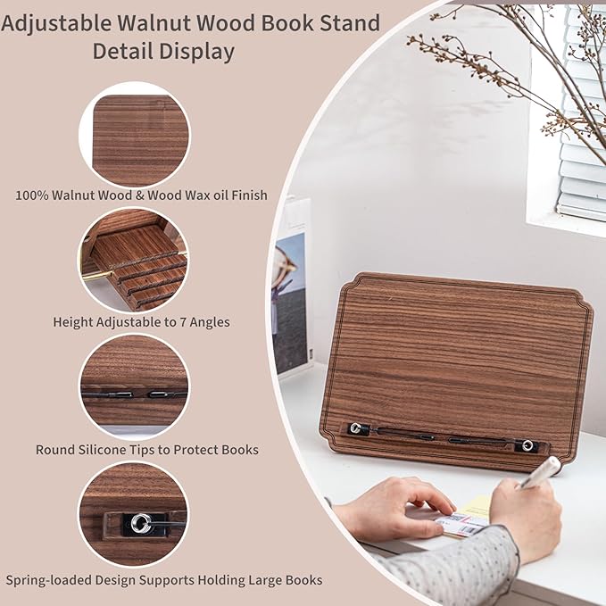 Portable Book Stand for Reading, Adjustable Wooden Laptop Stand. Foldable Desktop Stand for Cookbook, Fits All Books (Walnut, Chinoiserie Simple)