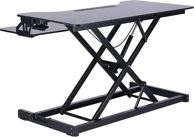 Rocelco Standing Desk Converter and Floor Mat - 31.5 Inch Sit Stand Up Dual Monitor Tabletop Riser with Tablet Mount, Height Adjustable Workstation - Deep Keyboard Tray - Black (R VADRB-MAFM)