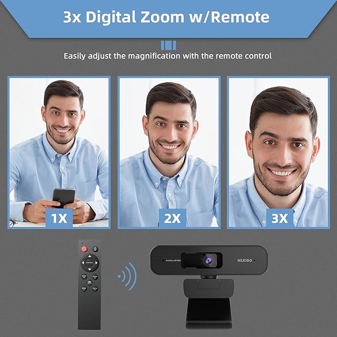 NexiGo N940P 2K Zoomable Webcam with Remote and Software Controls, Sony Sensor, 1080P@60FPS, 3X Zoom in, Dual Stereo Microphone for Zoom/Skype/Teams/Webex (Black) (Renewed)