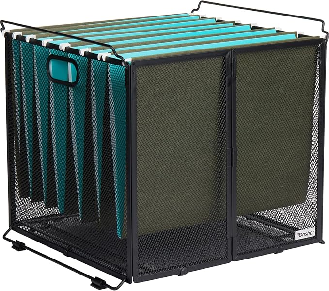 Dasher Products Hanging File Organizer Letter Size, Black Metal Mesh File Crate for Hanging Folders, Portable Document Folder Holder and Filing Bin. Ideal for Office, Home, and School Organization