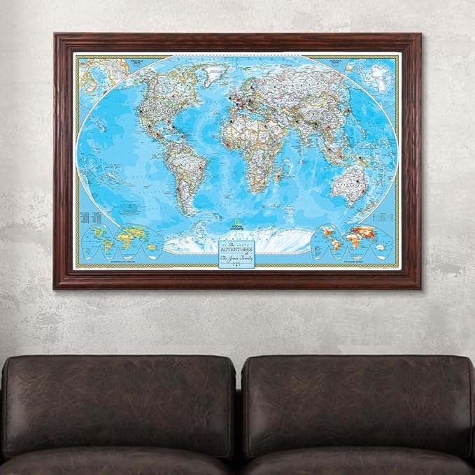 Canvas Classic World Map Pin Board – Framed Travel Map with Pins for Wall – Personalized Push Pin World Map for Tracking Journeys – 27.5" x 39.5" Solid Wood Cherry Frame