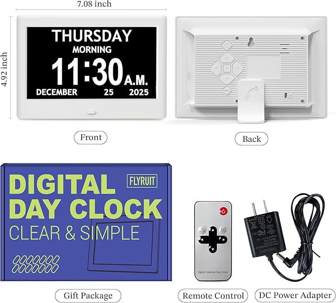 7'' Dementia Clock For Seniors, Large Display Digital Clock With Date, Time, Day Of Week for Elderly, Alzheimer, 1024*600P HD, 10 Reminders & 8 Alarms, Auto Dimming & DST, Remote Control, White