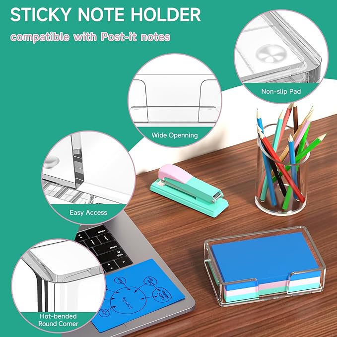 Sticky Note Holder, Crystal Clear Acrylic Notepad Holder 4x6 in Self-Stick Note Dispenser Office Desk Accessories, Memo Pad Holder Organizer for Classroom School Supplies