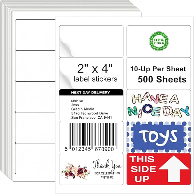 Label Stickers 2x4, 5000 Strong Adhesion Address Mailing Labels, Matte White Printable 8.5 x 11 Lable Sticker Paper for Laser Inkjet Printer, 10 Up Small Shipping Labels Per Sheet (500 Sheets)