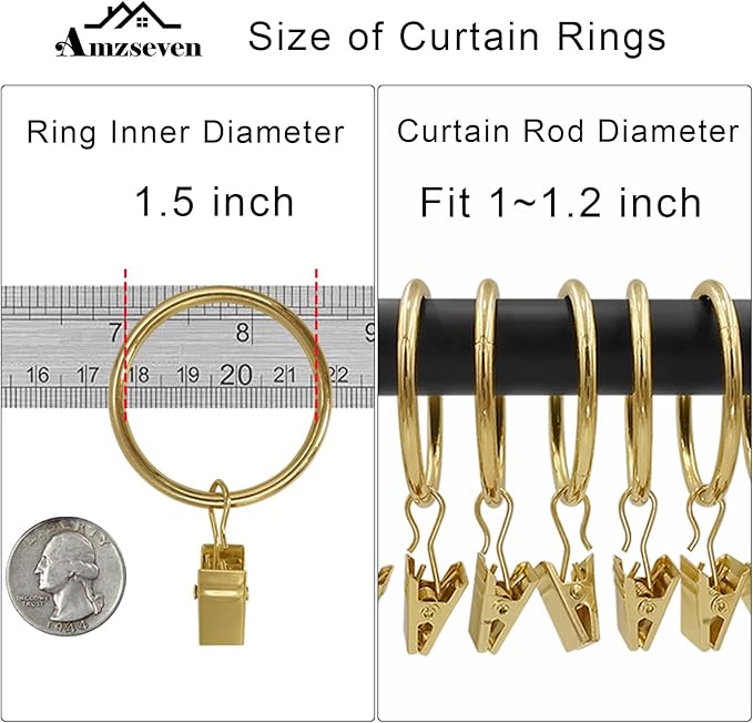 AMZSEVEN 40 Pack Metal Curtain Rings with Clips, Drapery Clips Hooks, Decorative Curtain Rod Clips 1.5 in Interior Diameter, Gold
