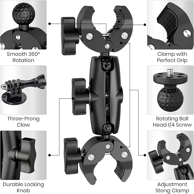 Premium 3-in-1 Umbrella Clamp for Chairs, Strollers, Boats & Kayaks Adjustable Mounting Bracket for Umbrella, Camera & Phone Durable Anti Slip Trolling Motor Stabilizer for Outdoor Hands Free Use