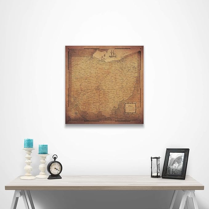 Push Pin Ohio Map Board - With Push Pins to Mark Ohio Travel - Handmade in Ohio, USA - Design: Golden Aged